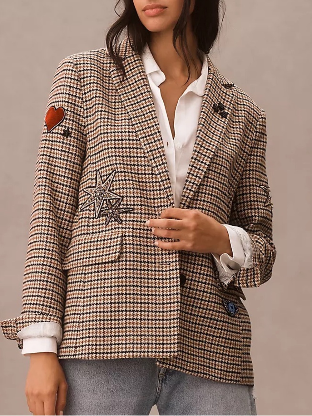 Anthropologie Appliqué Blazer Houndstooth Small